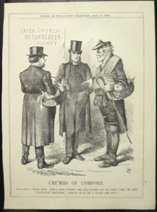 Antique Cartoon Print CRUMBS OF COMFORT Irish Scotch Church PUNCH Engraving 1868 - Picture 1 of 6