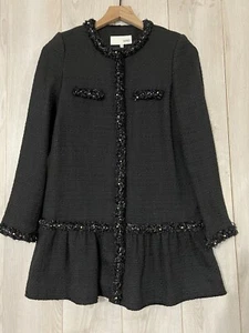 Mixxo Damen Schwarz Tweed Pailletten Fransenbesatz Langarm Halb Jacke Gr. S - Bild 1 von 14
