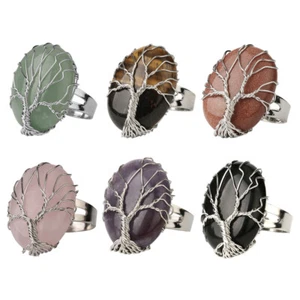 Chakra Gemstone Tree Of Life Quartz Crystal Copper Wire Wrap Opening Finger Ring - Picture 1 of 25