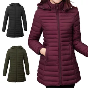 Womens Hooded Quilted Jacket Zip Up Padded Winter Warm Long Coat Puffer Outwear - Picture 1 of 13