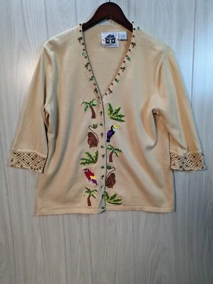 Cárdigan Suéter Grande Tropical Mono Palmera Cuentas Tostado Libro de Cuentos Tejido Foto 1 de 4