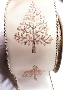 Christmas Trees 2.5" by the yd Ivory Satin Wired Ribbon Peach Gold Glitter - Picture 1 of 7