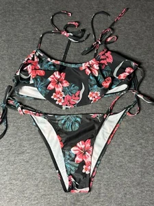 Hawaiian Tropical Flowers Bikini Top & Bottoms Set Womens Adjustable size Medium - Picture 1 of 7