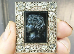 Vintage Czech Cameo Brooch Pin 1920s Metal Filigree - Picture 1 of 10