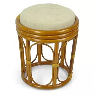 Handmade Round Stool Pier Natural Rattan Wicker w/ Cushion Plant Stand, Cognac - Picture 1 of 8
