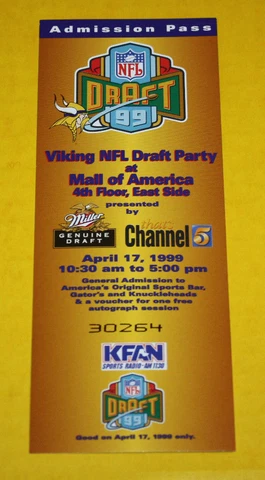Minnesota Vikings 1999 Draft Party Ticket | Daunte Culpepper Jim Kleinsasser Cover