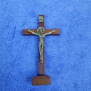 Vintage miniature standing Wooden crucifix bronze Jesus Sacred Heart League - Picture 1 of 11