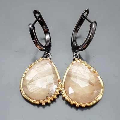 Pendientes de zafiro dorado natural de 30 quilates de plata de ley 925/E123829 Foto 1 de 4