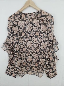 EUC Banana Republic S Sheer Blouse Flare Ruffle Floral Gold Free SH - Picture 1 of 22