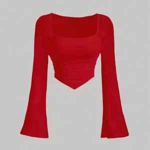 Camicetta manica lunga crop top increspato rosso vibrante mod Shein data notte taglia small - Foto 1 di 7