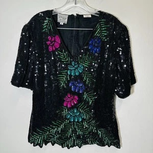 Vintage Stenay 100% Silk Sequin Beaded Blouse Large Black Mardi Gras Vegas - Picture 1 of 8