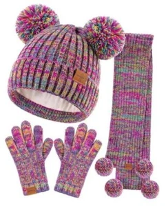 Kids Winter Hat Gloves Scarf Set, Girls Toddler Children 2-8 Years Rainbow Mix - Picture 1 of 8