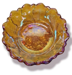 1940 Carnival Glass by Indiana Glass Co. Iridescent Amber Wild Rose Footed Bowl - Picture 1 of 4