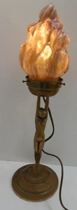 ART DECO BRASS DIANA NAKED LADY STATUE LAMP GLASS PINK FLAME LIGHTSHADE - Picture 1 of 16