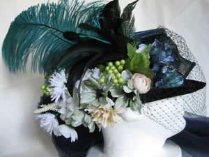Victorian Top Hat w/ Facial Veil, Long Tulle, Feather, Mask - Costume -Handmade - Picture 1 of 11
