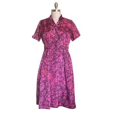Vintage 1950s Floral Fuchsia Day Dress | 1950s Vintage Bright Pink Floral Dress - Image 1 of 4