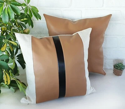 Color block vertical black line tan faux leather and natural linen pillow-1qty01 - Image 1 of 4