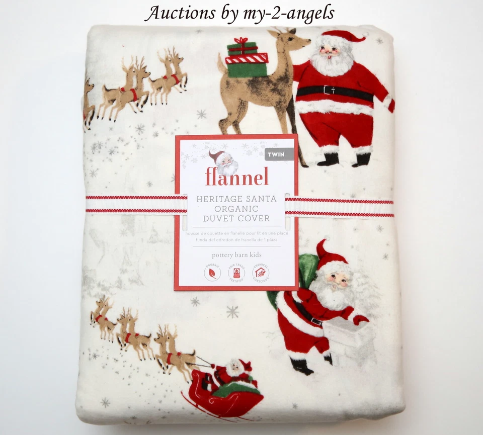 НОВЫЙ органический фланелевый двойной пододеяльник Pottery Barn Kids Christmas Heritage Santa - Изображение 1 из 1