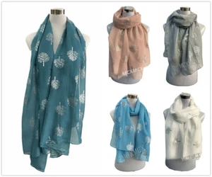 Women Ladies Metallic Silver Foil Life Tree Print Scarf Glitter Fashion Wrap - Picture 1 of 21