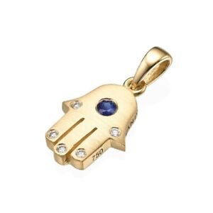 Jewish Hamsa Hand Jewish Pendant in Brushed 18k Gold with Sapphire and Diamonds