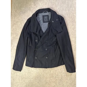 Allsaints Men's Black Long Sleeve Double Breasted Collared Pea Coat Size 36 - Picture 1 of 5