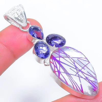 Viola Rutilo Quarzo, Tanzanite 925 Argento Sterling Ciondolo Gioielli 6.3cm - Immagine 1 di 4