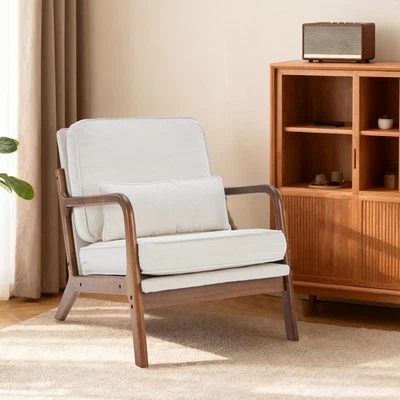 Linen Fabric Comfy Chair Mid Century Accent Chair Lumbar Pillow Lounge Arm Chair - Image 1 of 4