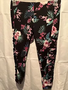 Eye Candy Leggings Pink Green Floral on Black Super Soft 1X Capris Mesh Chopped - Picture 1 of 6