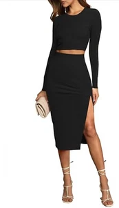 Women's 2 Piece Bodycon Midi Skirt Sets Casual Crewneck Long Sleeve Crop Top - Picture 1 of 5