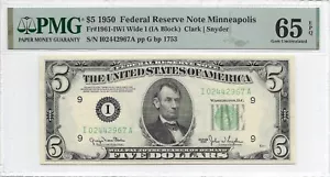 1950 $5 MINNEAPOLIS FRN. PMG GEM Uncirculated 65 EPQ Banknote. WIDE I - Picture 1 of 2