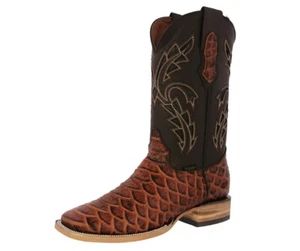 Mens Cognac Western Boots Leather Anaconda Snake Print Cowboy Wear Square Toe - Picture 1 of 5
