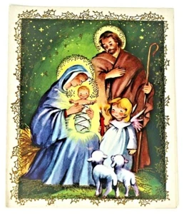 Vtg Religious Merry Christmas Greeting Card Mary Young Child 2 Lambs Girl & Man - Picture 1 of 3