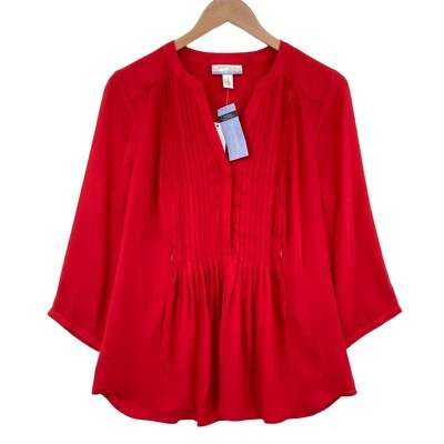 Motherhood Blouse Top Womens Small Red 3/4 Sleeve V Neck Pleated Casual Pullover - Image 1 of 4