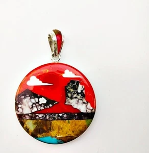 REVERSIBLE MULTICOLOR TURQUOISE SPINY INLAY .925 SILVER MEDALLION PENDANT - Picture 1 of 3
