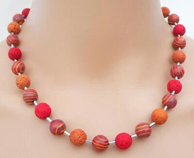 Halskette Kette Perlen Malachit Lava bunt mehrfarbig rot ocker/orange türkis116b - Bild 1 von 4