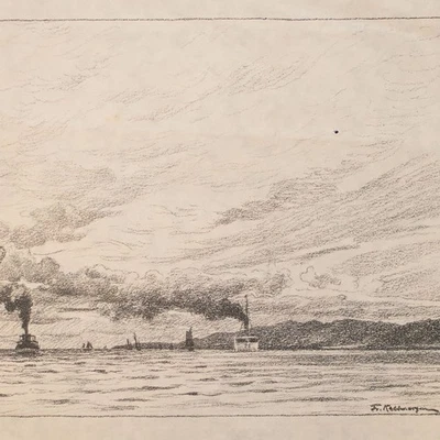 Friedrich Kallmorgen Impressionismus Dampfer auf dem Wasser Lithografie - Bild 1 von 4