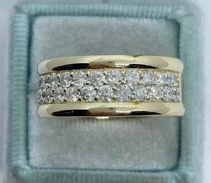 2Ct Round Cut Real Moissanite  Wedding Men's Band Ring 14K Yellow Gold Plated - Picture 1 of 3