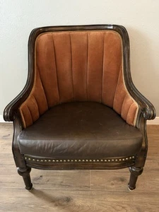 Antique French Louis XVI Style Bergere Chair W/ Velour Upholstery & Leather - Picture 1 of 13