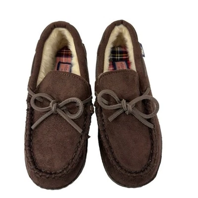Vineyard Vines Kids 2M Brown Moccasin Slippers Faux Suede Faux Fur Lining - Image 1 of 4