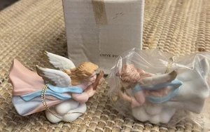 Vintage Set Homco Weihnachtsschmuck Engel auf Wolken mit Horn rosa blau 5722 Neu in OVP - Bild 1 von 4