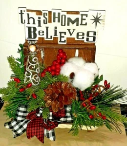 THIS HOME BELIEVES, SHELF SITTER WITH GLASS ANGEL. - GREENERY, BERRIES, PINECONE - Picture 1 of 12
