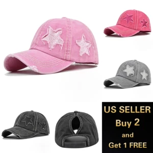 Star Ponytail Baseball Cap Washed Cotton Polo Style Caps Plain Adjustable - Picture 1 of 14
