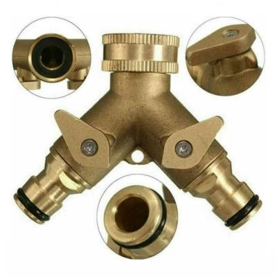 Garden Tap Splitter 2 Way Brass Outdoor Dual Hose Connector Splitter Double UK - Image 1 of 3