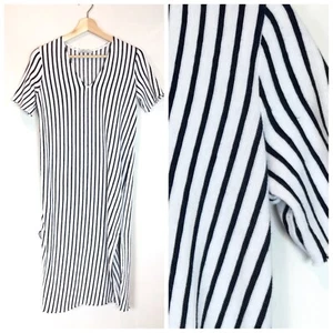 Zara Trafaluc Womens M White/Black Striped Cotton Midi Dress Split Hem Beach - Picture 1 of 7