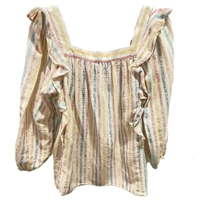 Chaps Small Ruffle Front Blouse Stripe Long Sleeve Square Neck Cotton Blend - Image 1 of 4