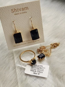 Shivam Sterling Silver 14k Gold Plated Black Onyx Necklace Earrings & Ring 8 Set - Picture 1 of 21
