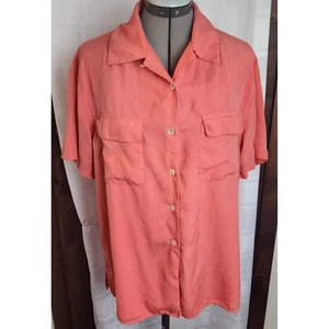 Anne Carson XL Coral Silk Short Sleeve Button Down Shirt Top Pockets - Picture 1 of 7