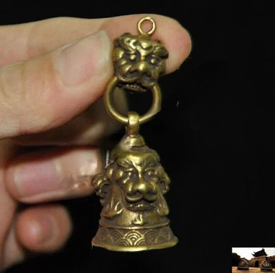 2.4" Chinese Bronze Lion Head Bell Exorcism Ward Off Evil Spirits Amulet Pendant - Image 1 of 4