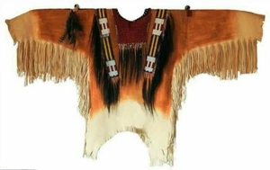 Old American Hand Colored Buckskin Leather Beaded Fringe Powwow War Shirt PWS233 - Picture 1 of 3