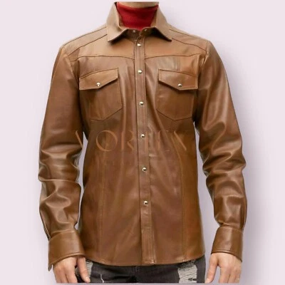 Gay Leather Shirt Genuine Lambskin Leather Shirt Hot Brown Party Leather Shirt - Image 1 of 4